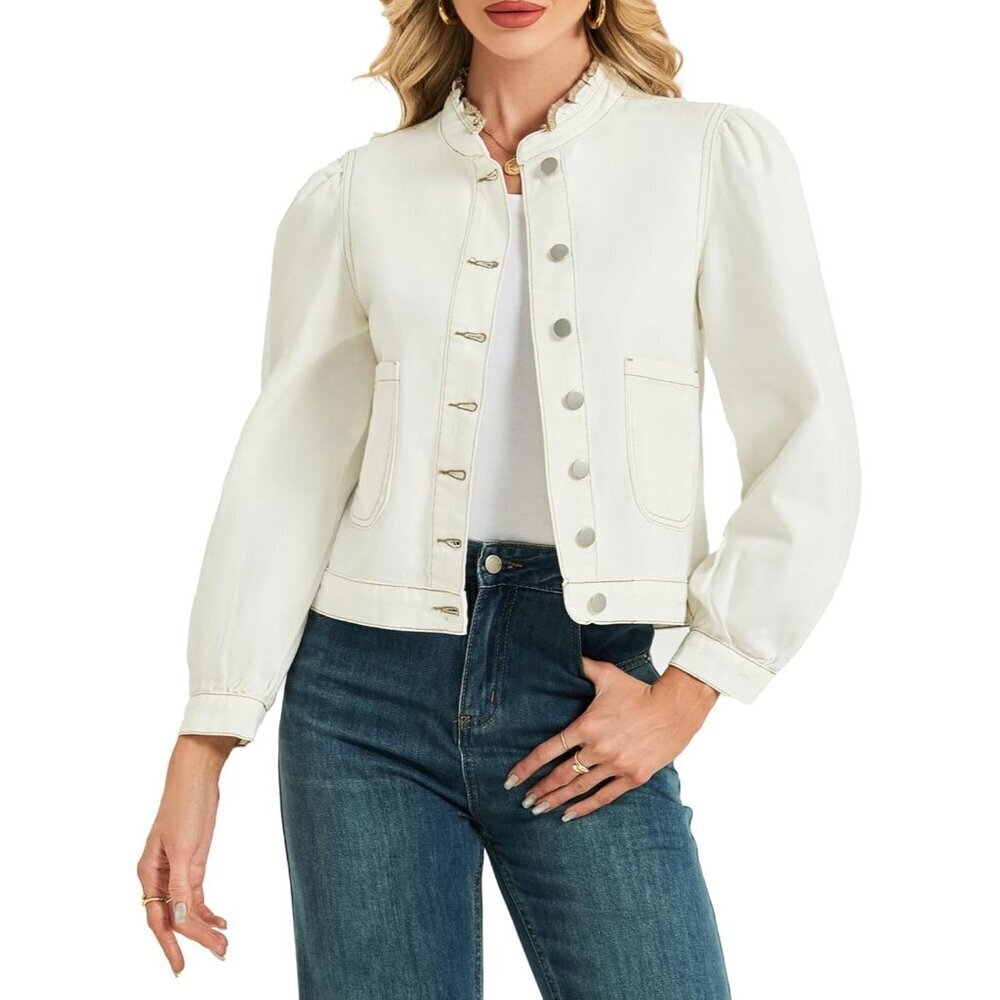 Women Denim Jacket Cotton Blend Puff Sleeve Ruffle Neck Casual Fall